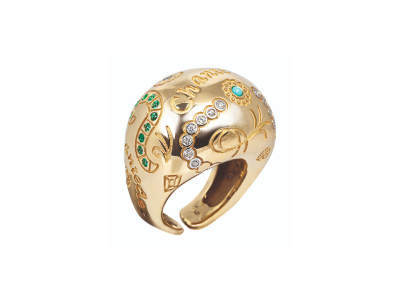 ANELLO IN ORO GIALLO 9KT A FASCIA LARGA CON TURCHESE, ZAFFIRI, RUBINI, SMERALDI E DIAMANTI SUAMEM CHANTECLER 31870